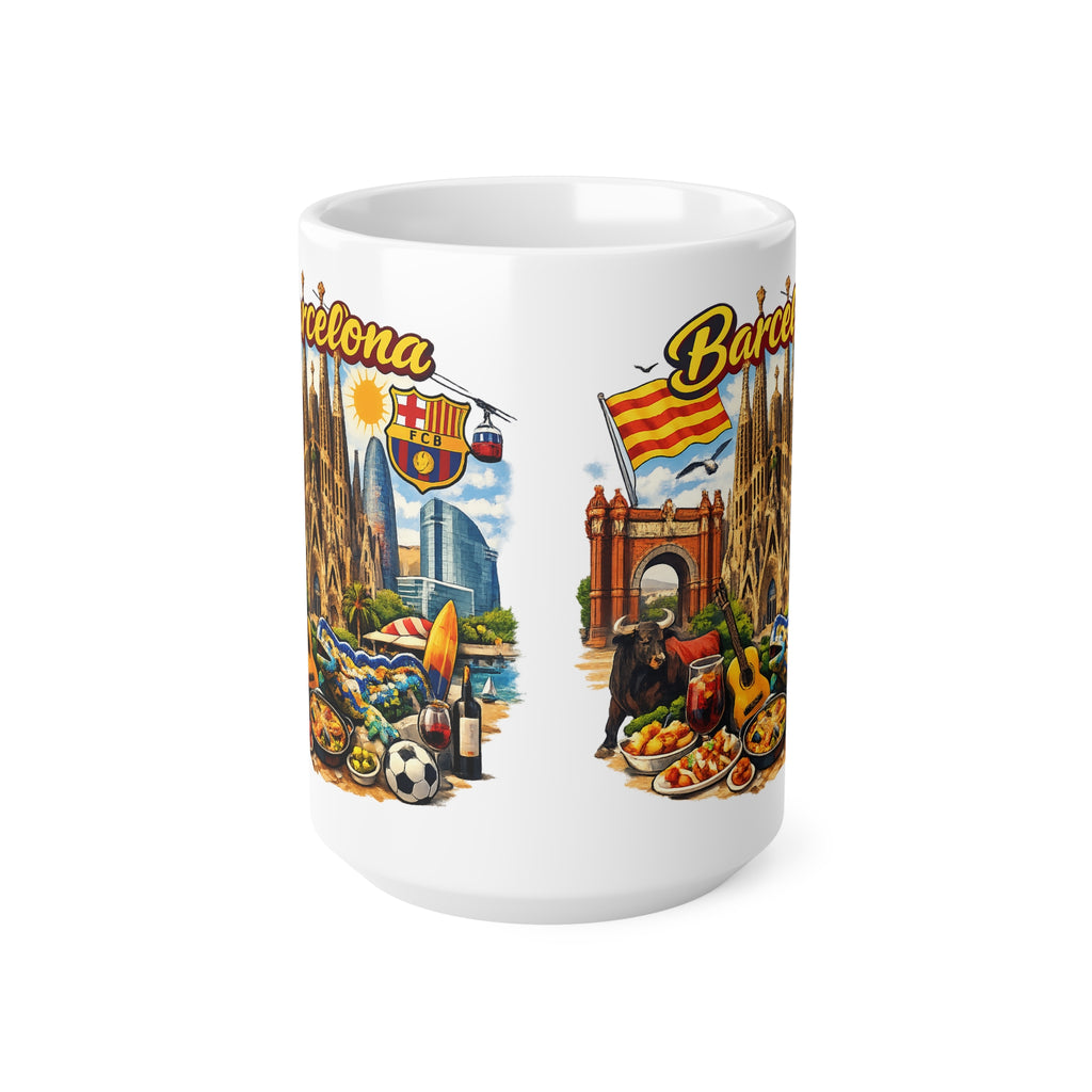 Barcelona Souvenir Mug — Ceramic Coffee Cup 11oz/15oz with Sagrada Familia, Paella & Flag Design