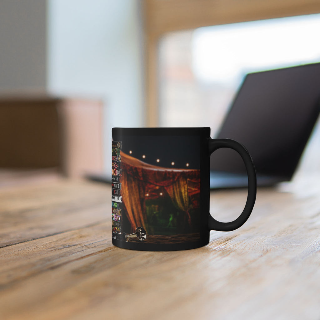 Gothic Horror Bookstack Black Coffee Mug — Vintage Circus, Witchy Reading Vibe (11oz/15oz)