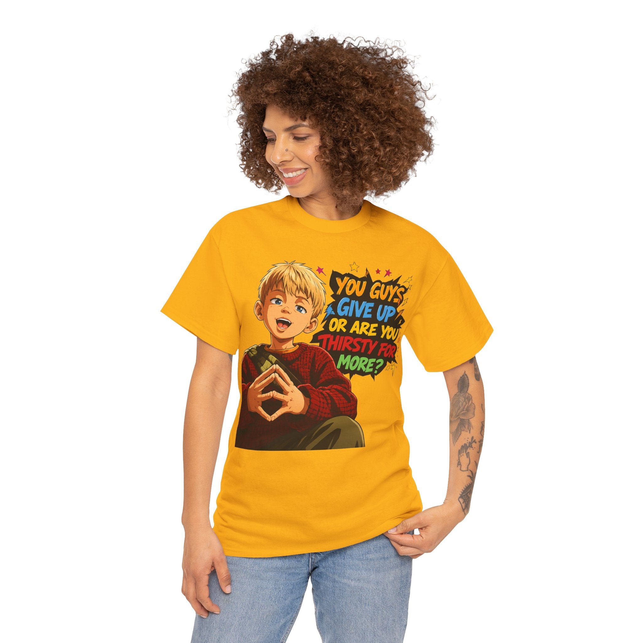 Home Alone Inspired Graphic Tee — 'You Guys Give Up or Are You Thirsty for More?' Nostalgic Comic Boy T-Shirt