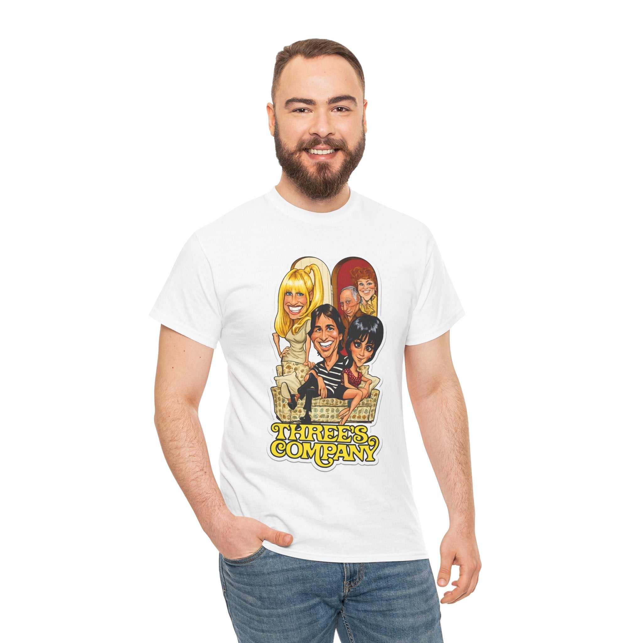 Three's Company Retro TV Tee — Vintage Sitcom Caricature T-Shirt