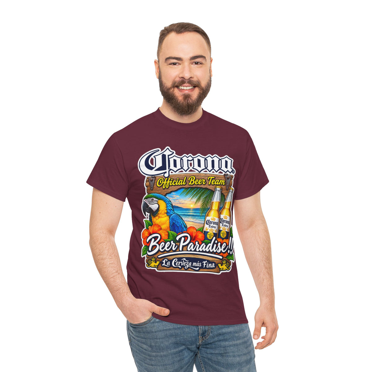 Corona Beer Paradise Tee — Tropical Parrot Beach Beer T‑Shirt