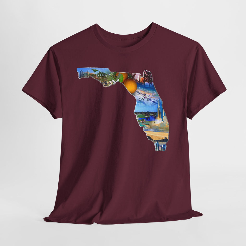 Florida State Shape T-Shirt — Scenic Beach & Sunset Map Tee