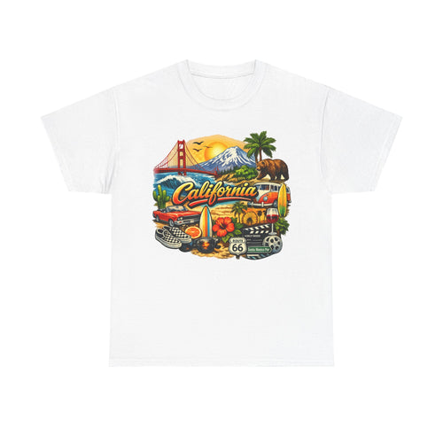 California Vintage Travel T-Shirt — Golden Gate, Palm Trees & Route 66 Tee
