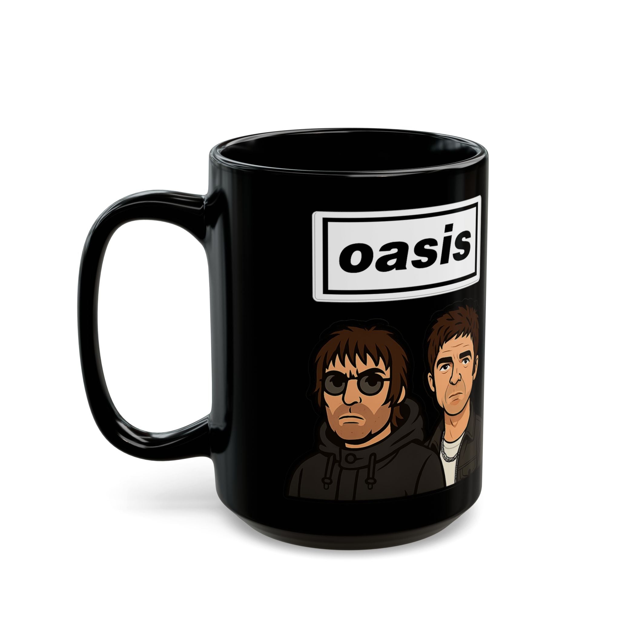 Oasis Inspired Cartoon Band Black Mug — Liam & Noel Ceramic Coffee Cup (11oz/15oz)