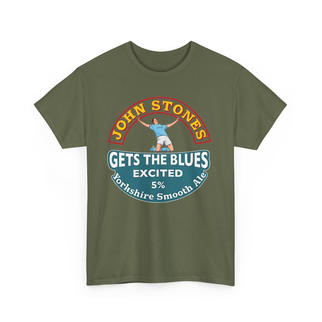 John Stones T-Shirt — "Gets The Blues Excited" Retro Ale Parody Tee