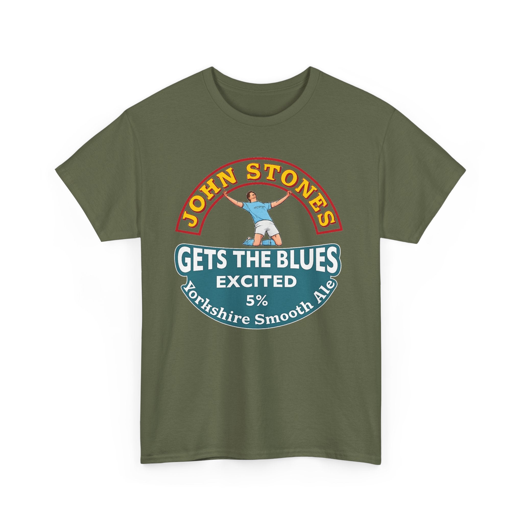 John Stones T-Shirt — "Gets The Blues Excited" Retro Ale Parody Tee