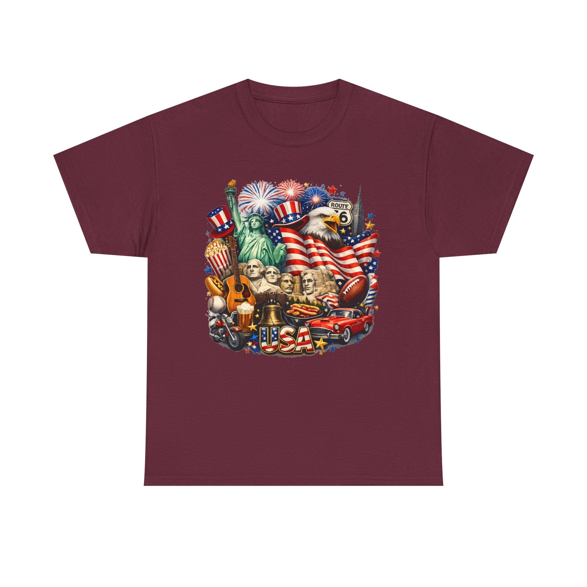 Patriotic USA Graphic Tee – American Flag, Statue of Liberty & Fireworks T-Shirt