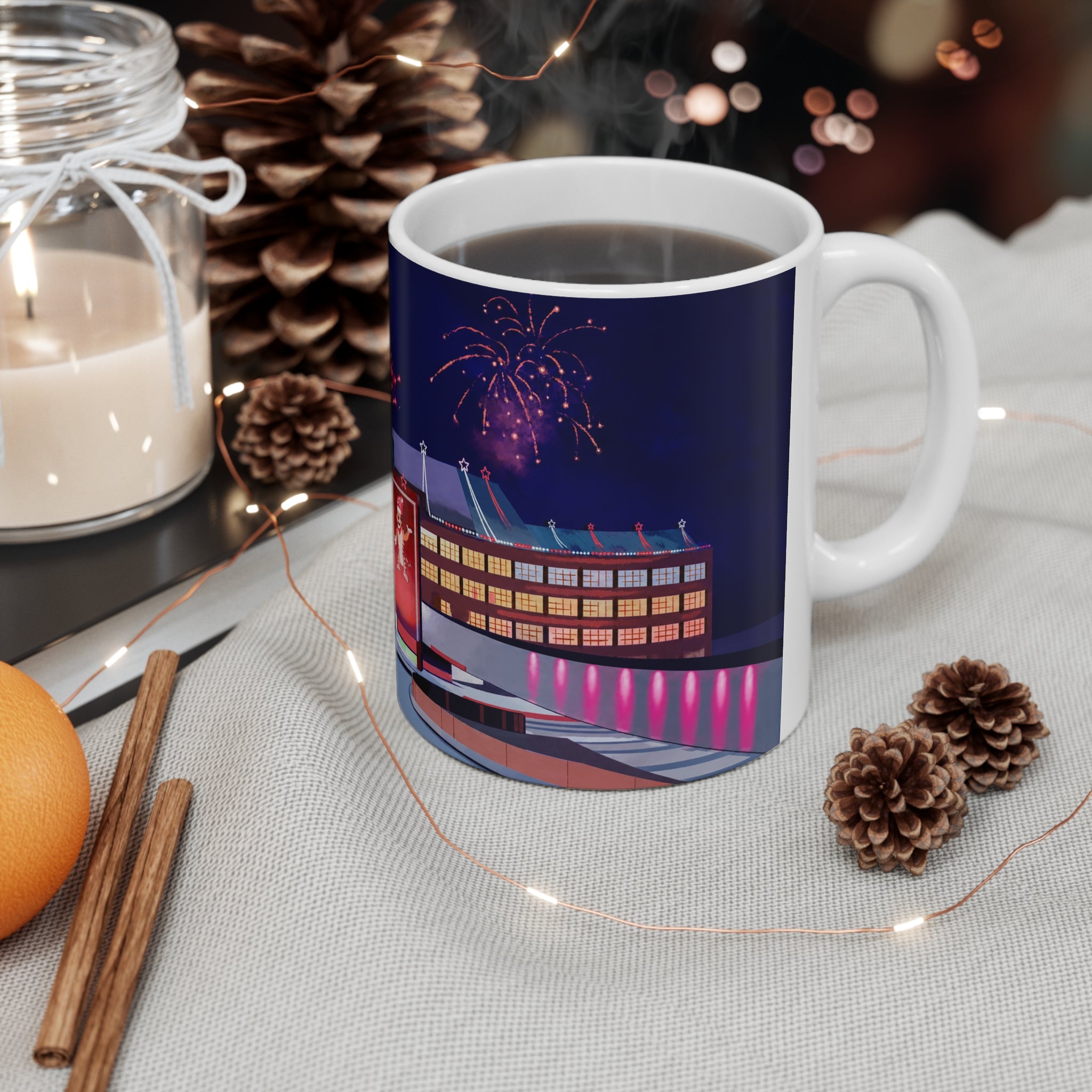 Kelloggs Trafford Park Mug — Festive Holiday Town Nightscape Ceramic Coffee Cup (11oz/15oz)