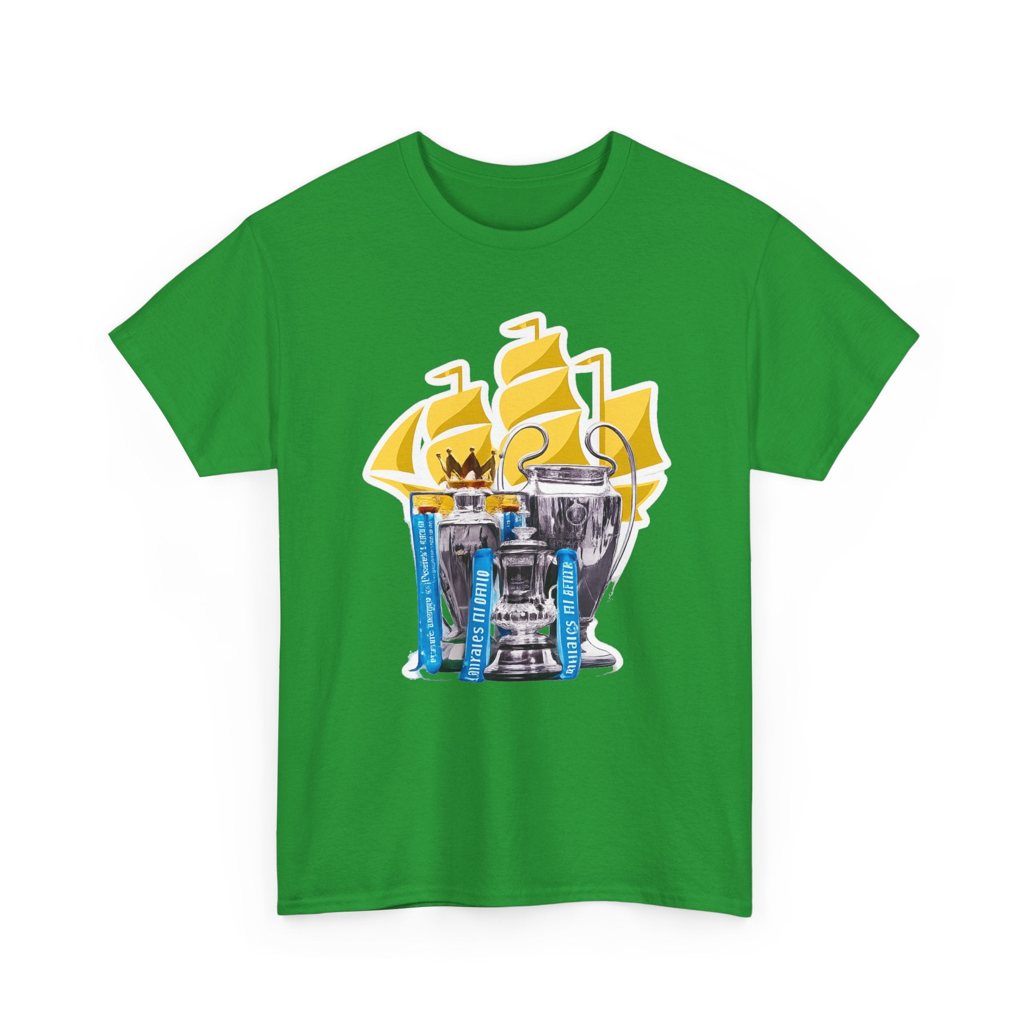 Manchester City Champions Trophy Tee – Golden Cups & Blue Scarves Football Fan Shirt