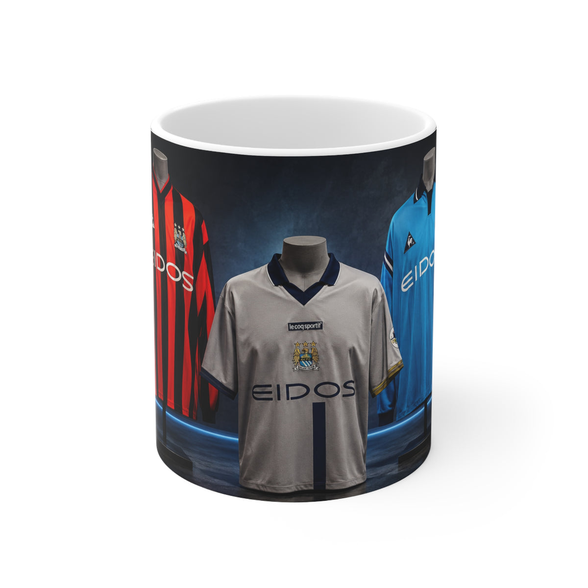 Manchester City Retro Soccer Jersey Coffee Mug — Vintage Team Kit Trio Design (11oz & 15oz)