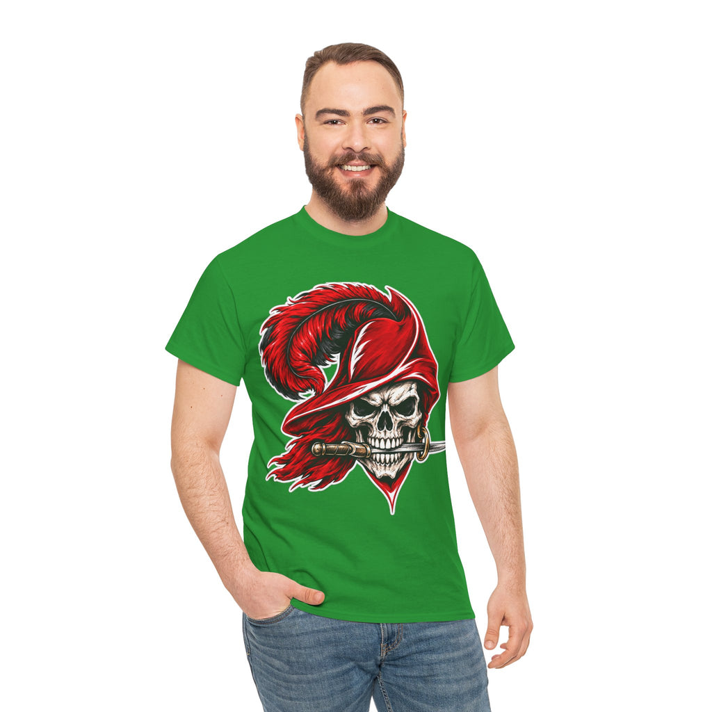 Skull Pirate Tee — Red Feathered Bandana Skull T‑Shirt
