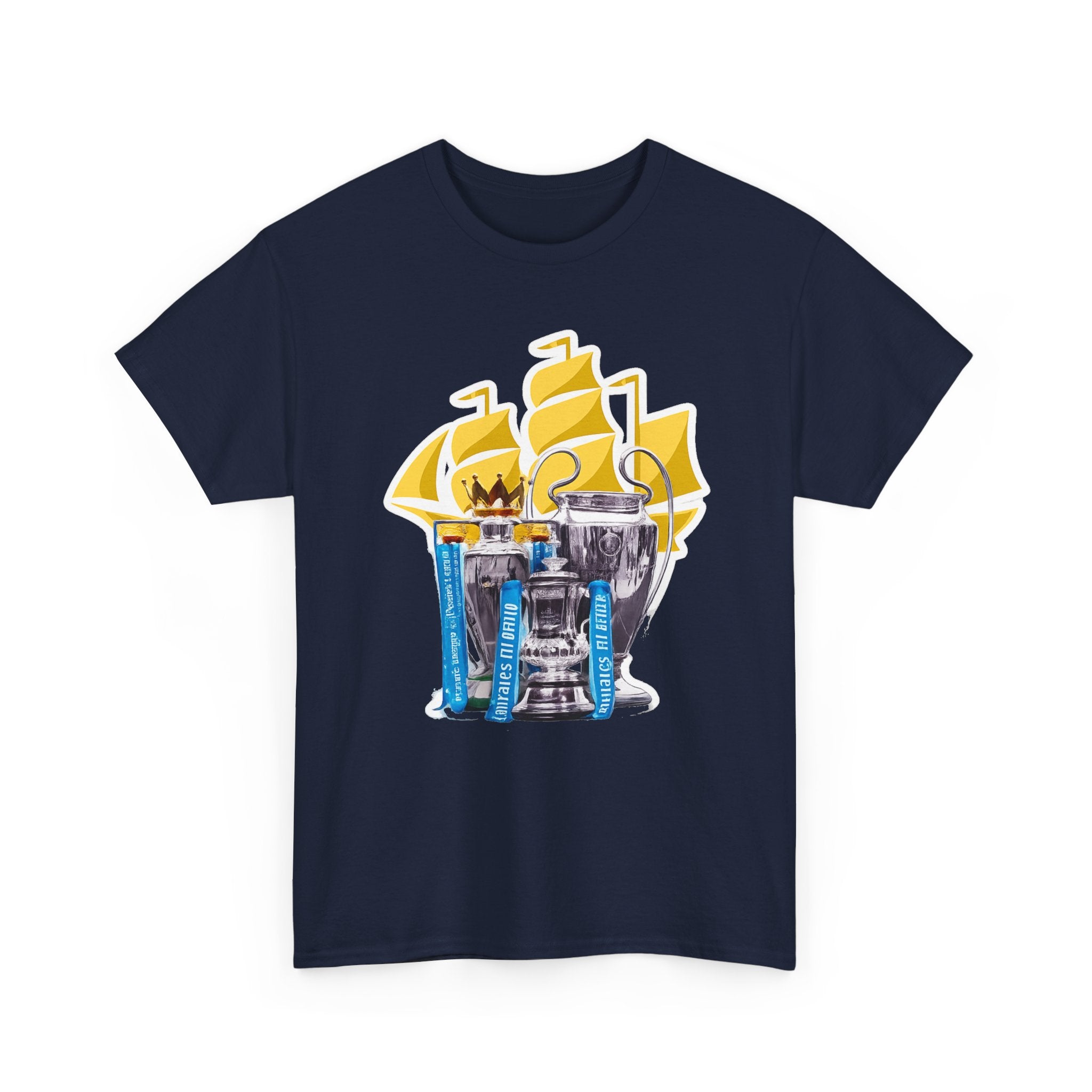 Manchester City Champions Trophy Tee – Golden Cups & Blue Scarves Football Fan Shirt