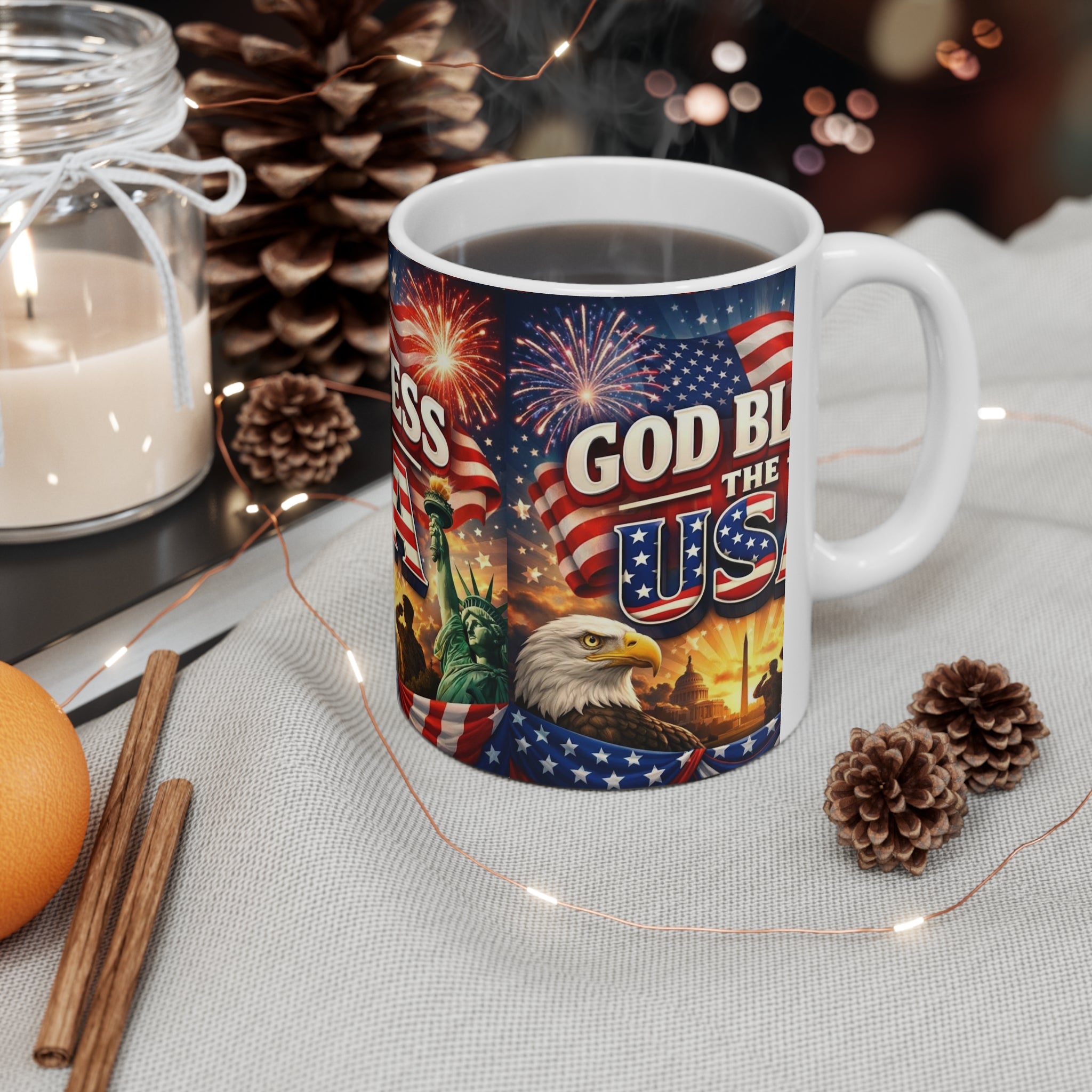 God Bless The USA Ceramic Coffee Mug — Patriotic 11oz/15oz Coffee Cup with Flag, Eagle & Fireworks