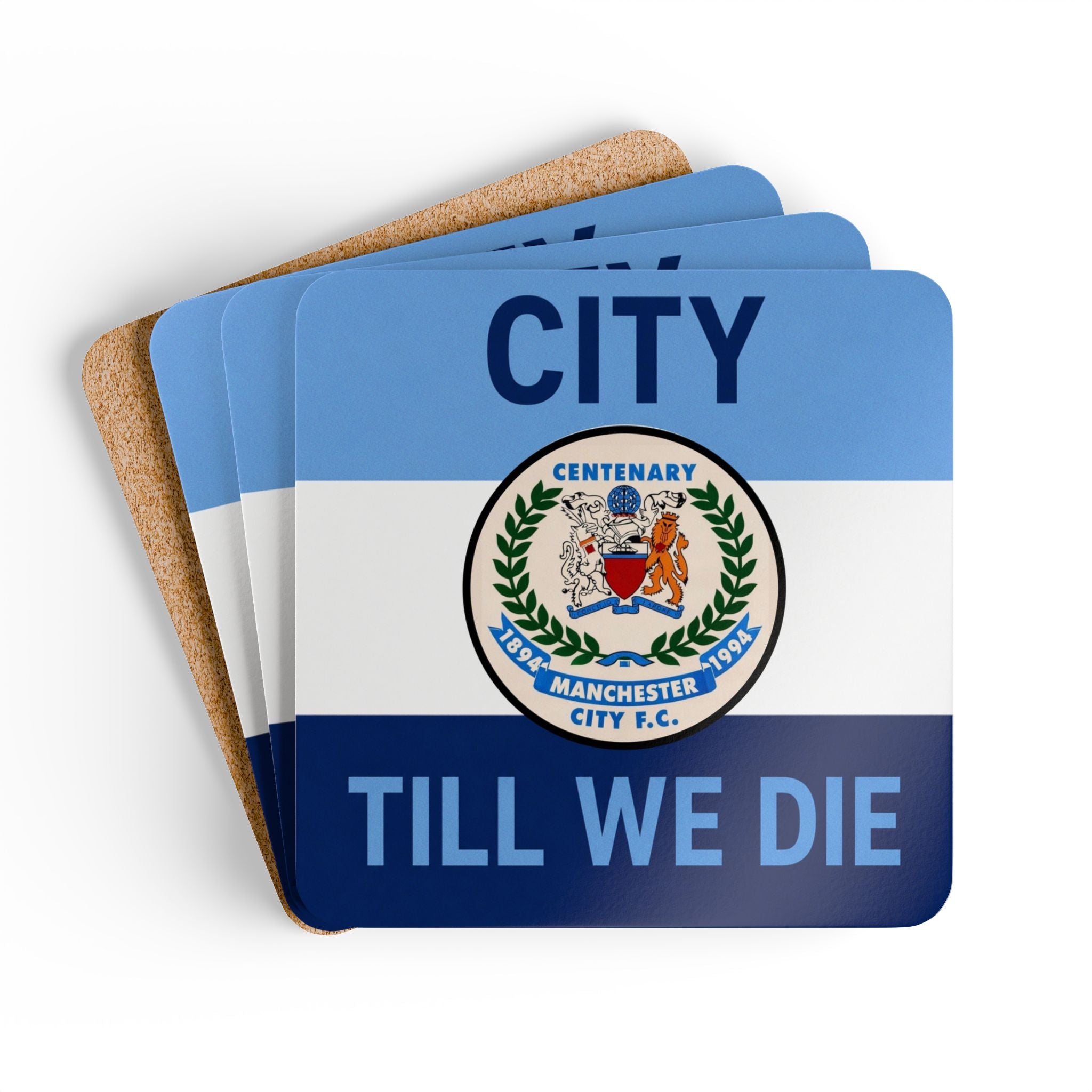 Cork Coaster Set — 'City Till We Die' Football Fan Drink Coasters (Blue Crest Design)
