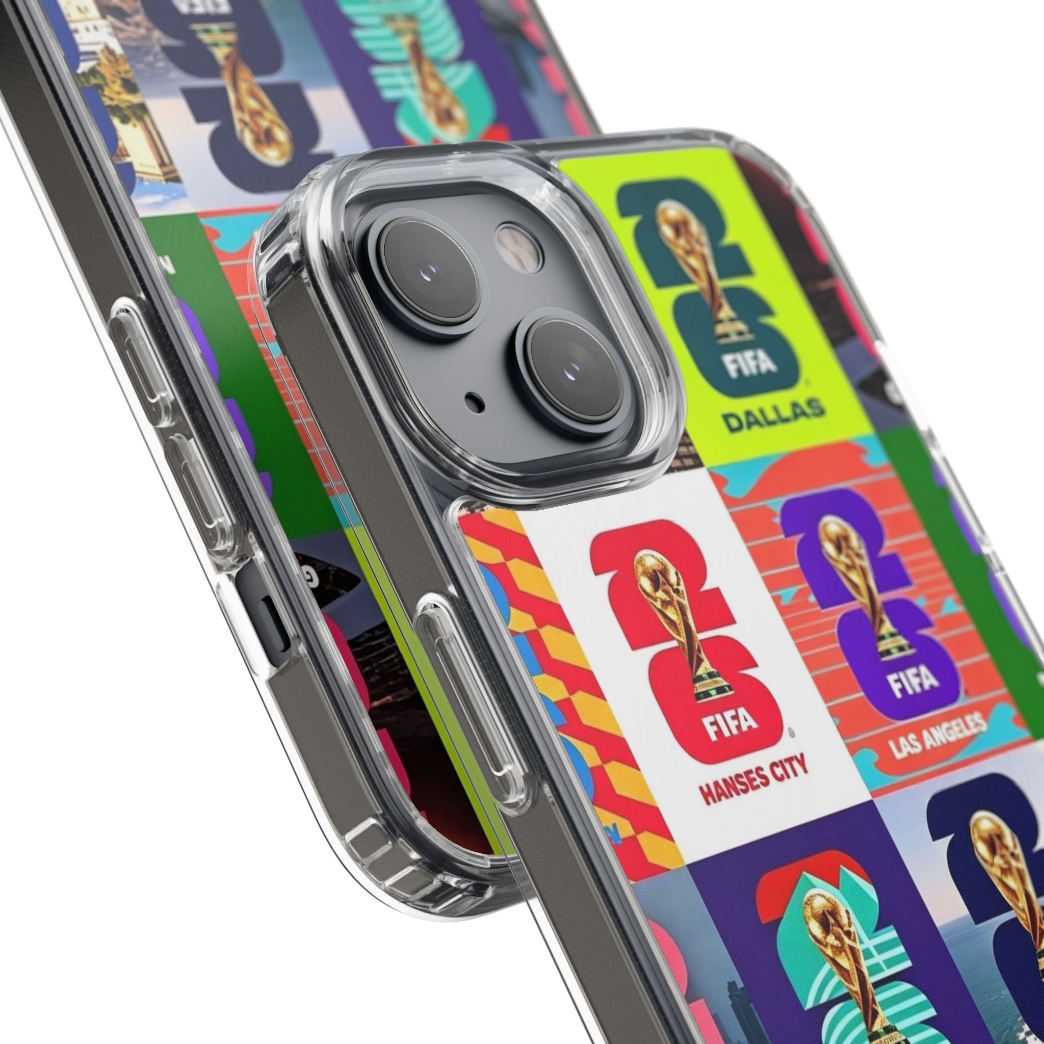 FIFA World Cup Pop Art Clear Phone Case — City Badge Collage (Dallas, LA, Monterrey, Toronto, Seattle)