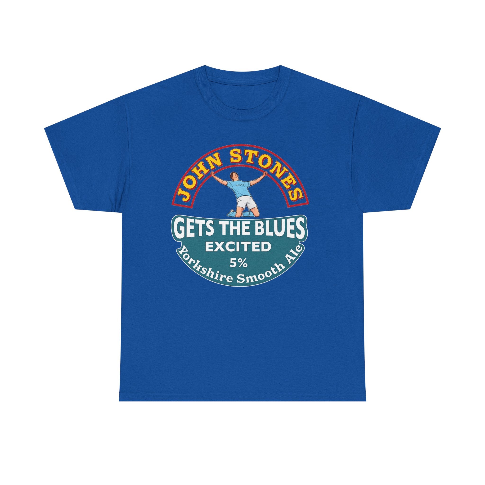 John Stones T-Shirt — "Gets The Blues Excited" Retro Ale Parody Tee
