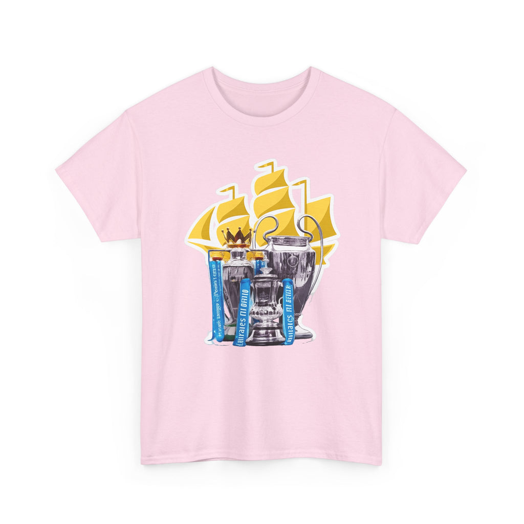 Manchester City Champions Trophy Tee – Golden Cups & Blue Scarves Football Fan Shirt