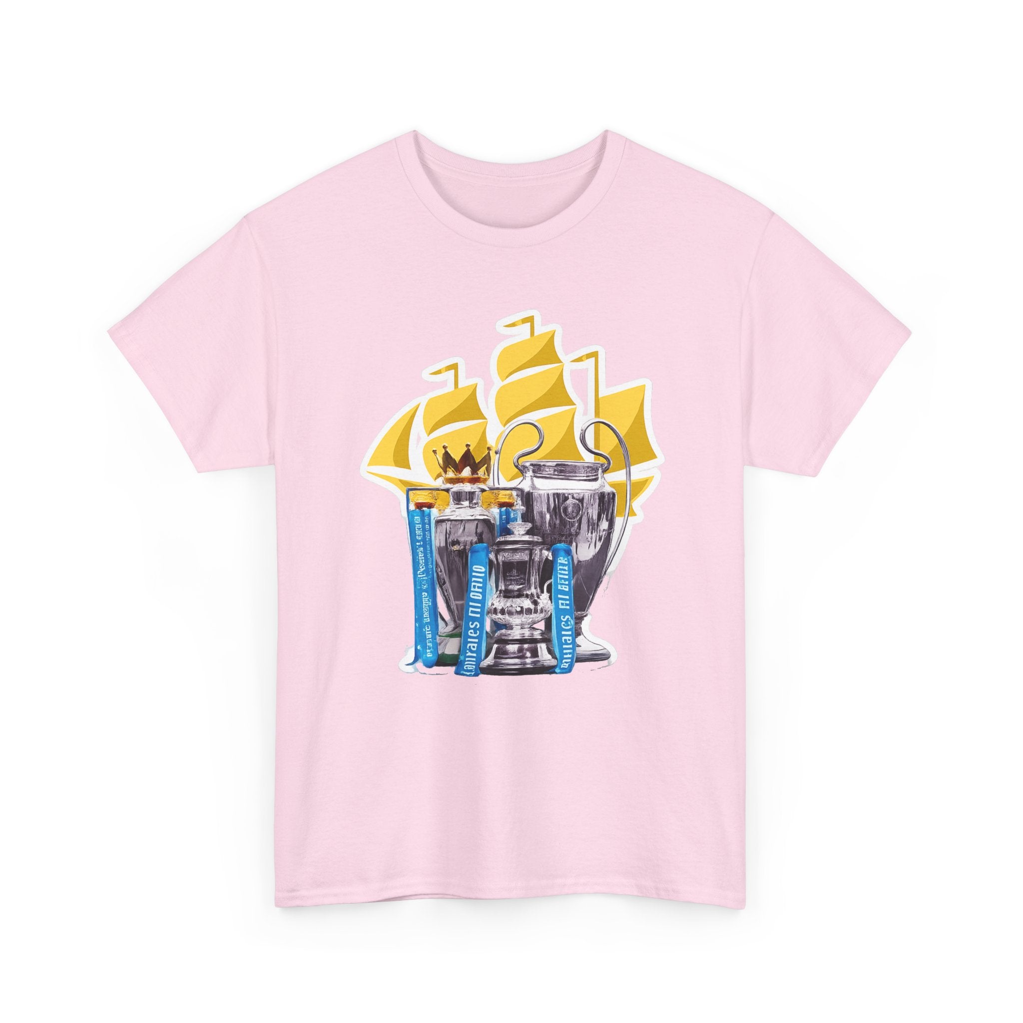 Manchester City Champions Trophy Tee – Golden Cups & Blue Scarves Football Fan Shirt