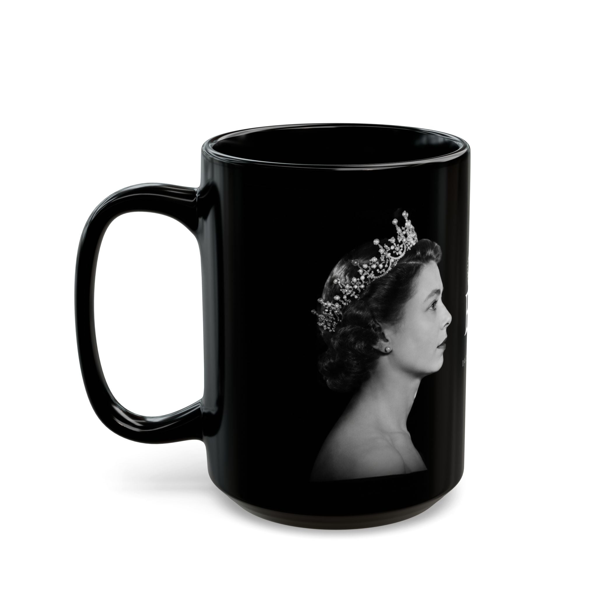 Queen Elizabeth II Memorial Black Mug – E II R Tribute Design (1926–2022)