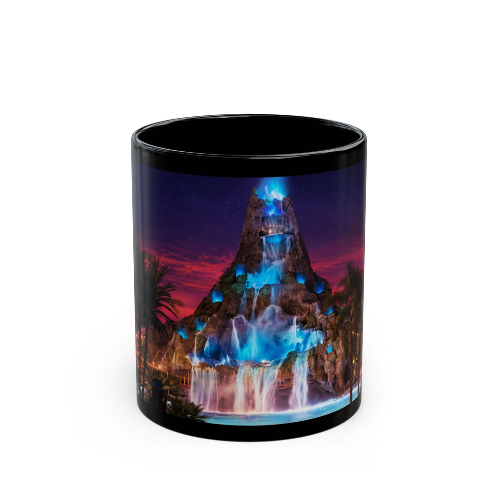 Volcano Bay at Night Black Mug — Illuminated Waterfall & Palm Tree Coffee Cup (11oz/15oz)
