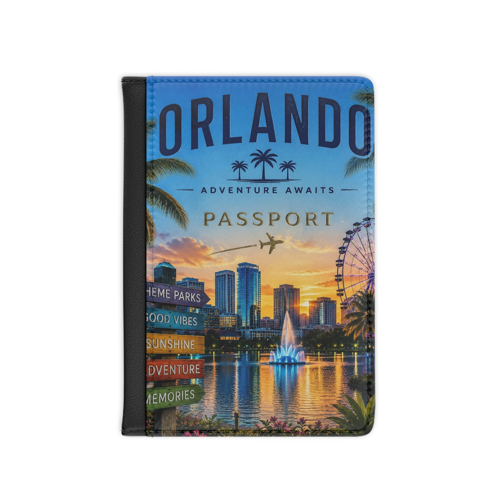 Orlando Passport Cover — Travel Wallet with City Skyline, Ferris Wheel & 'Adventure Awaits' Design