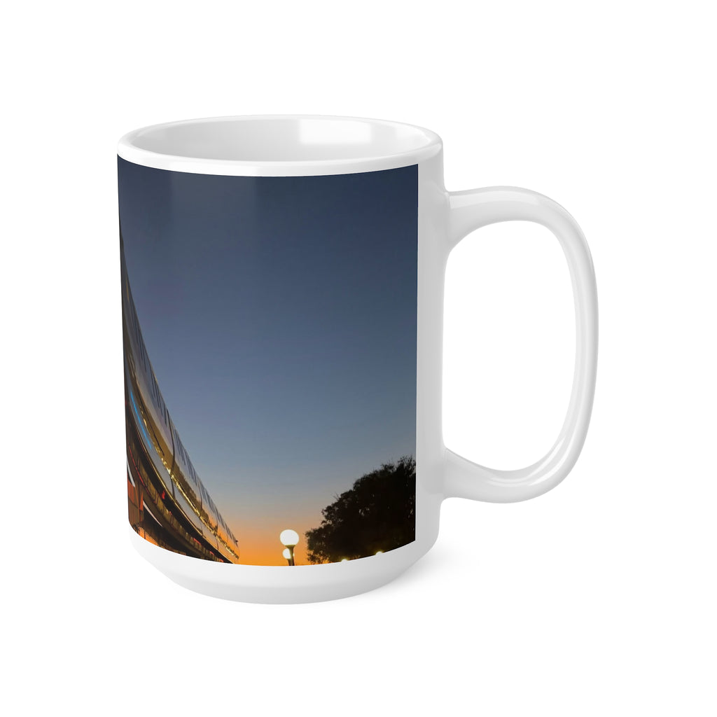 WDW Monorail Nightscape Ceramic Mug — Modern Curved Building Photo (11oz & 15oz)