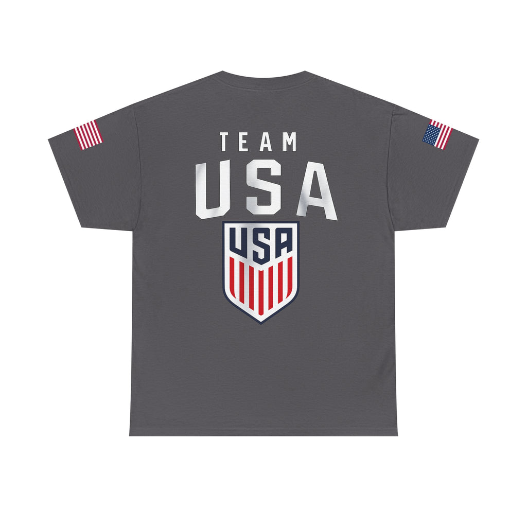 Team USA Flag T‑Shirt — Patriotic Navy Tee with Back Shield Logo