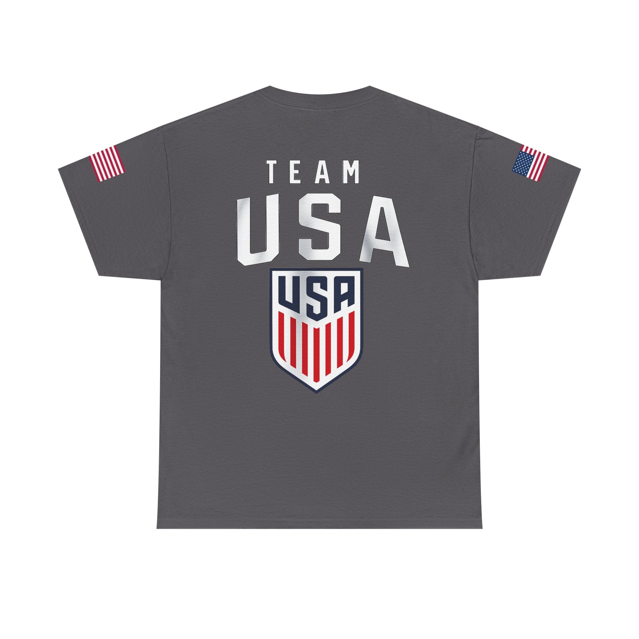 Team USA Flag T‑Shirt — Patriotic Navy Tee with Back Shield Logo