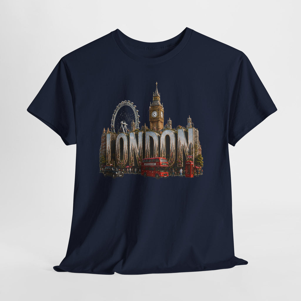 London Skyline T-Shirt — London Text with Big Ben & London Eye Graphic