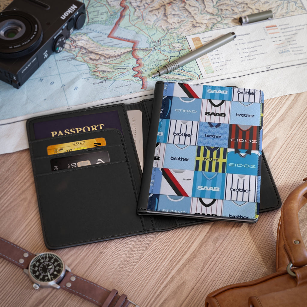 Manchester City Football Kit Patchwork Passport Cover — Vintage Soccer Jersey Travel Wallet