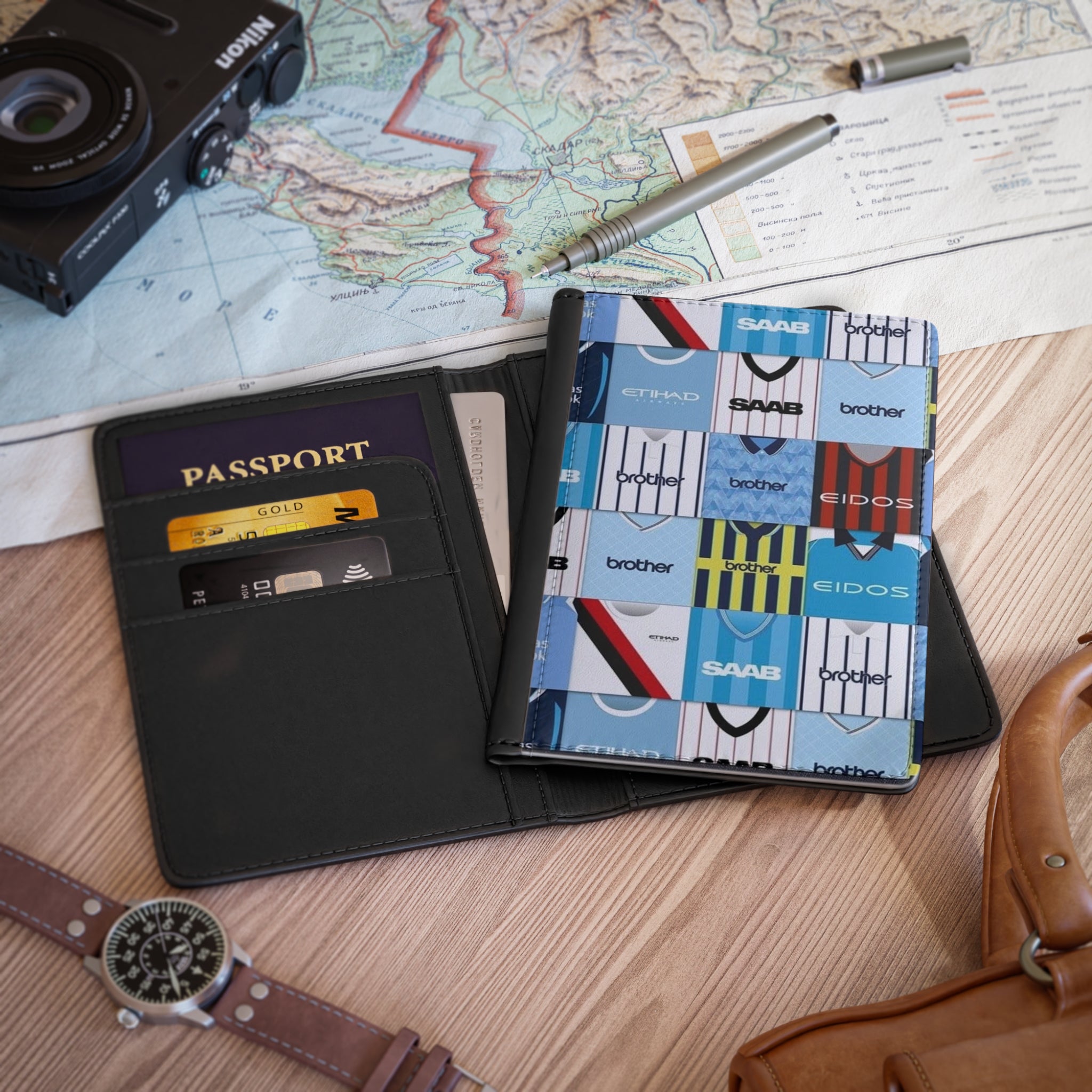 Manchester City Football Kit Patchwork Passport Cover — Vintage Soccer Jersey Travel Wallet
