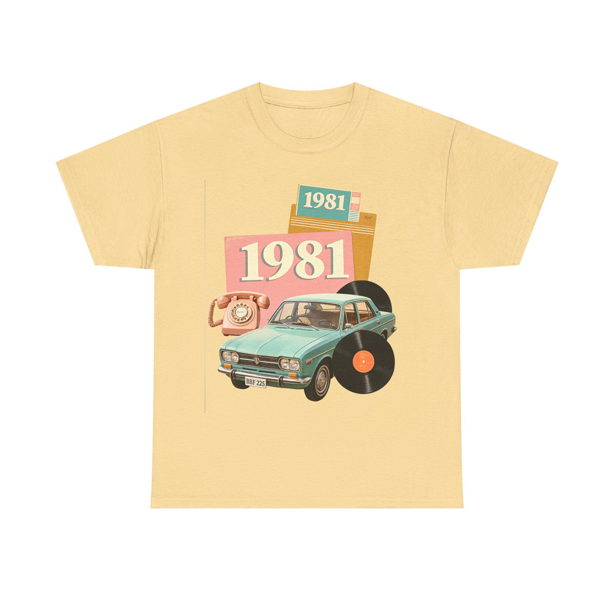 1981 Retro Car Tee — Vintage 80s Birthday T-Shirt with Record & Telephone Design