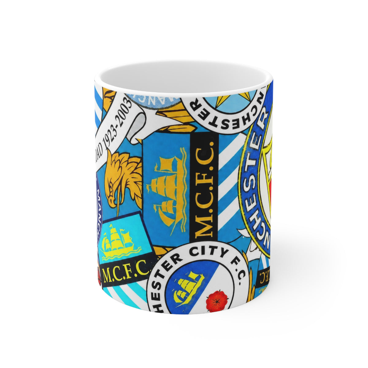 Manchester City Crest Collage Mug — Ceramic Coffee Cup (11oz & 15oz)