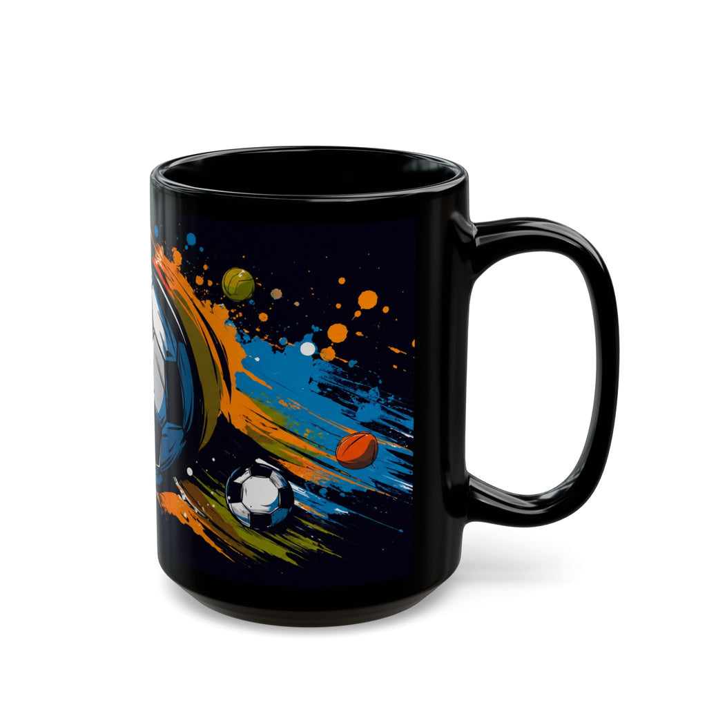 Soccer Splash Black Mug (11oz & 15oz) – Colorful Football Design for Fans & Coaches