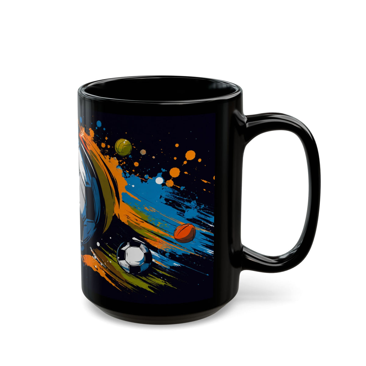 Soccer Splash Black Mug (11oz & 15oz) – Colorful Football Design for Fans & Coaches