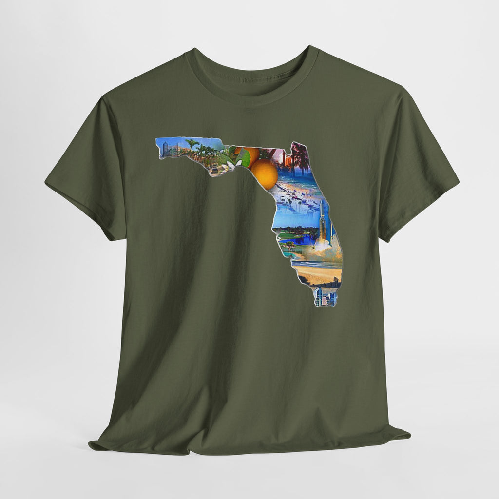 Florida State Shape T-Shirt — Scenic Beach & Sunset Map Tee