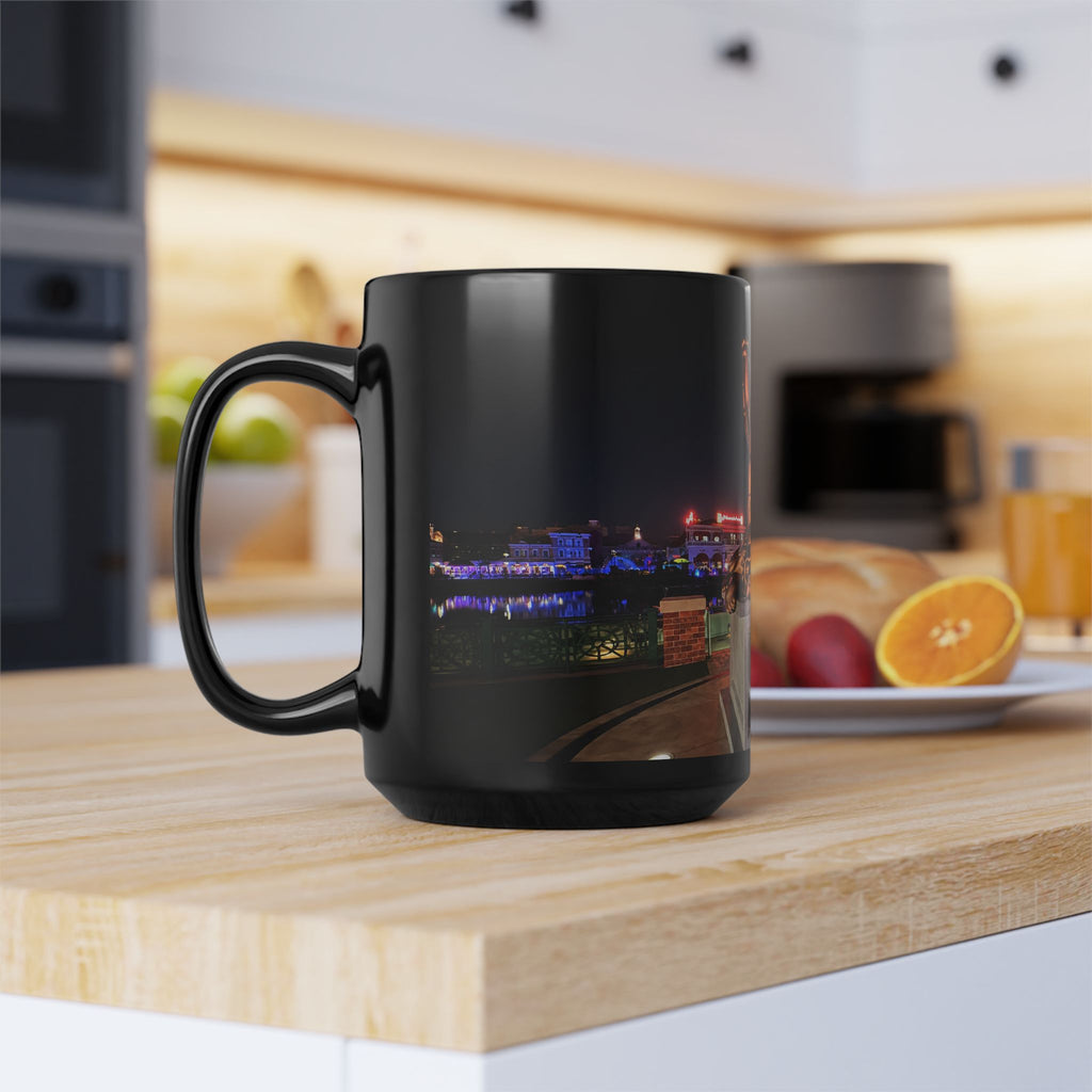The Simpsons Photo Mug — University Statue & Campus Lights (Black 11oz/15oz)