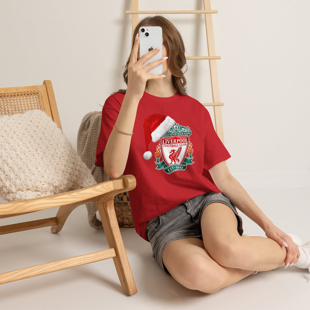 Liverpool FC Crest T‑Shirt with Santa Hat — Christmas Football Fan Tee