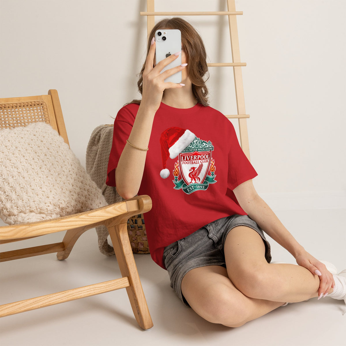 Liverpool FC Crest T‑Shirt with Santa Hat — Christmas Football Fan Tee