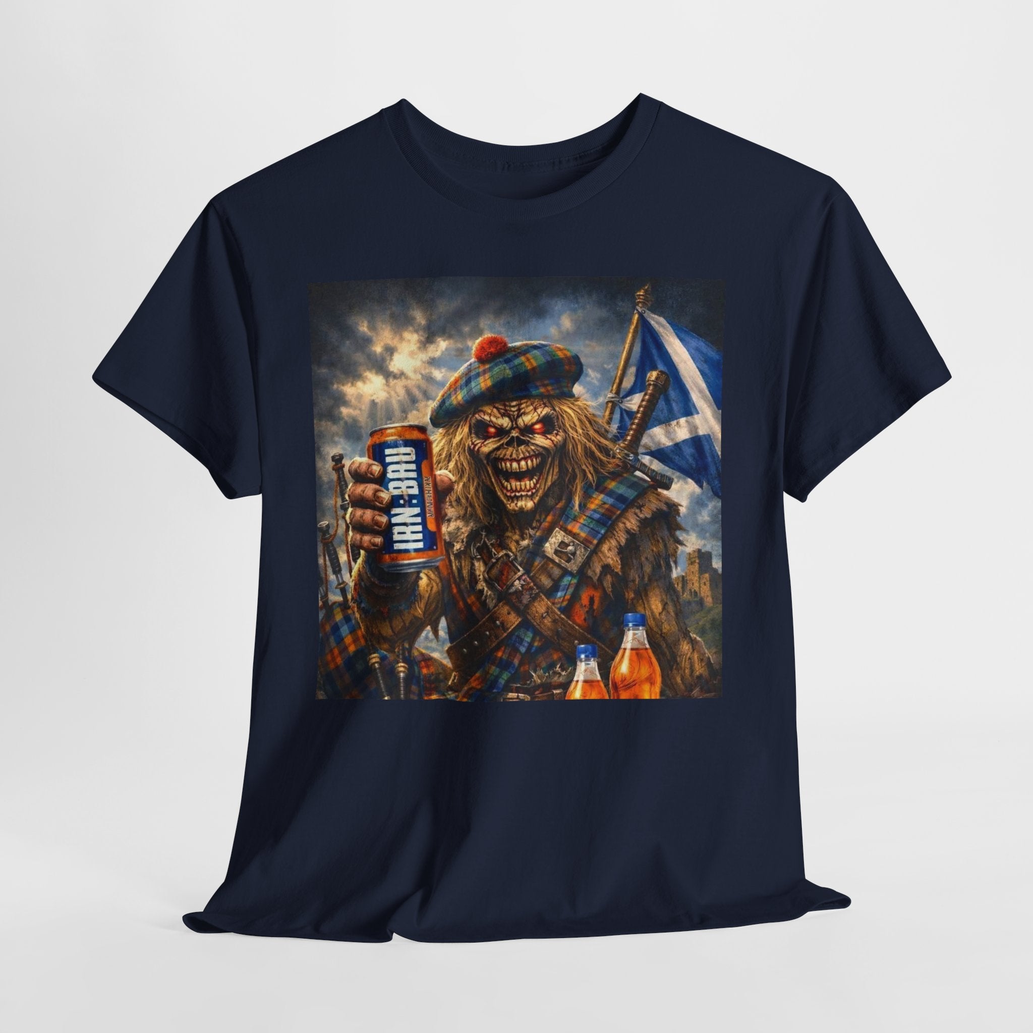 Scottish Rock Skull T‑Shirt — Eddie the Piper with Flag & Can Graphic Tee
