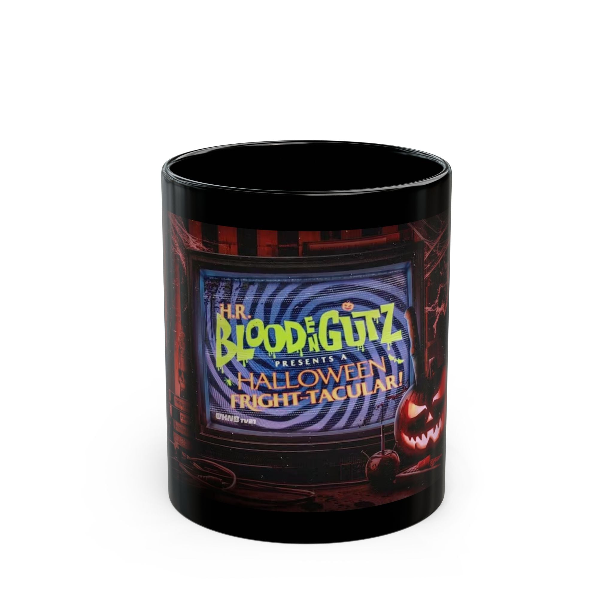 Halloween Horror Mug — 'Blood & Gutz Halloween Fright-Tacular' Black Ceramic Coffee Cup