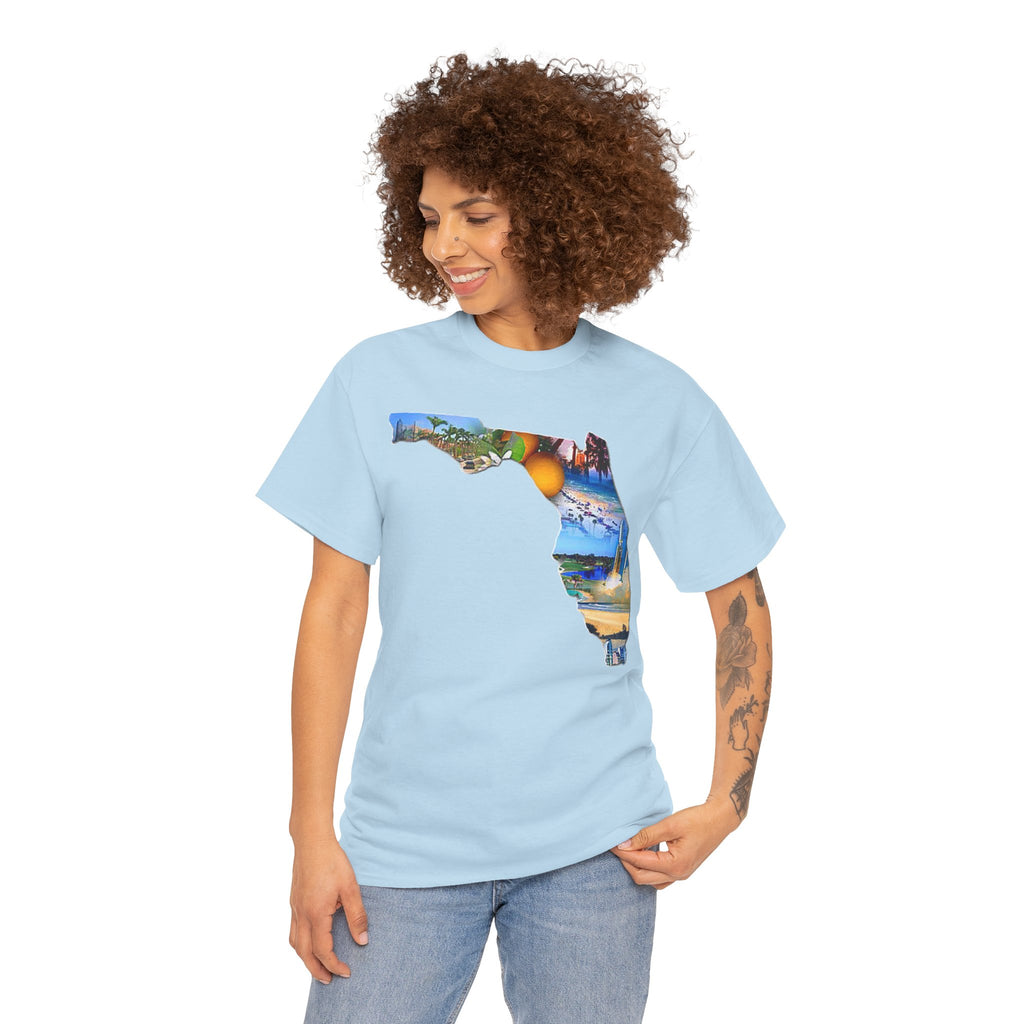 Florida State Shape T-Shirt — Scenic Beach & Sunset Map Tee