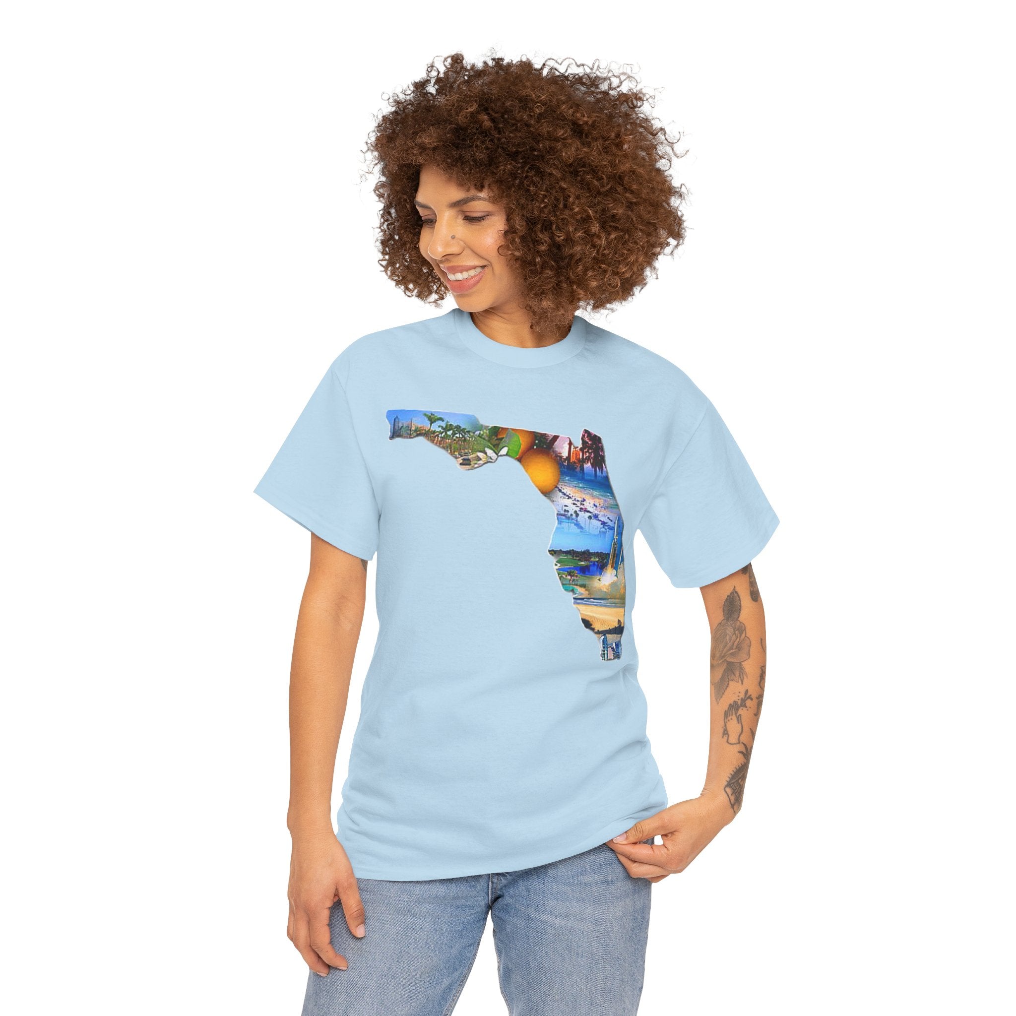 Florida State Shape T-Shirt — Scenic Beach & Sunset Map Tee