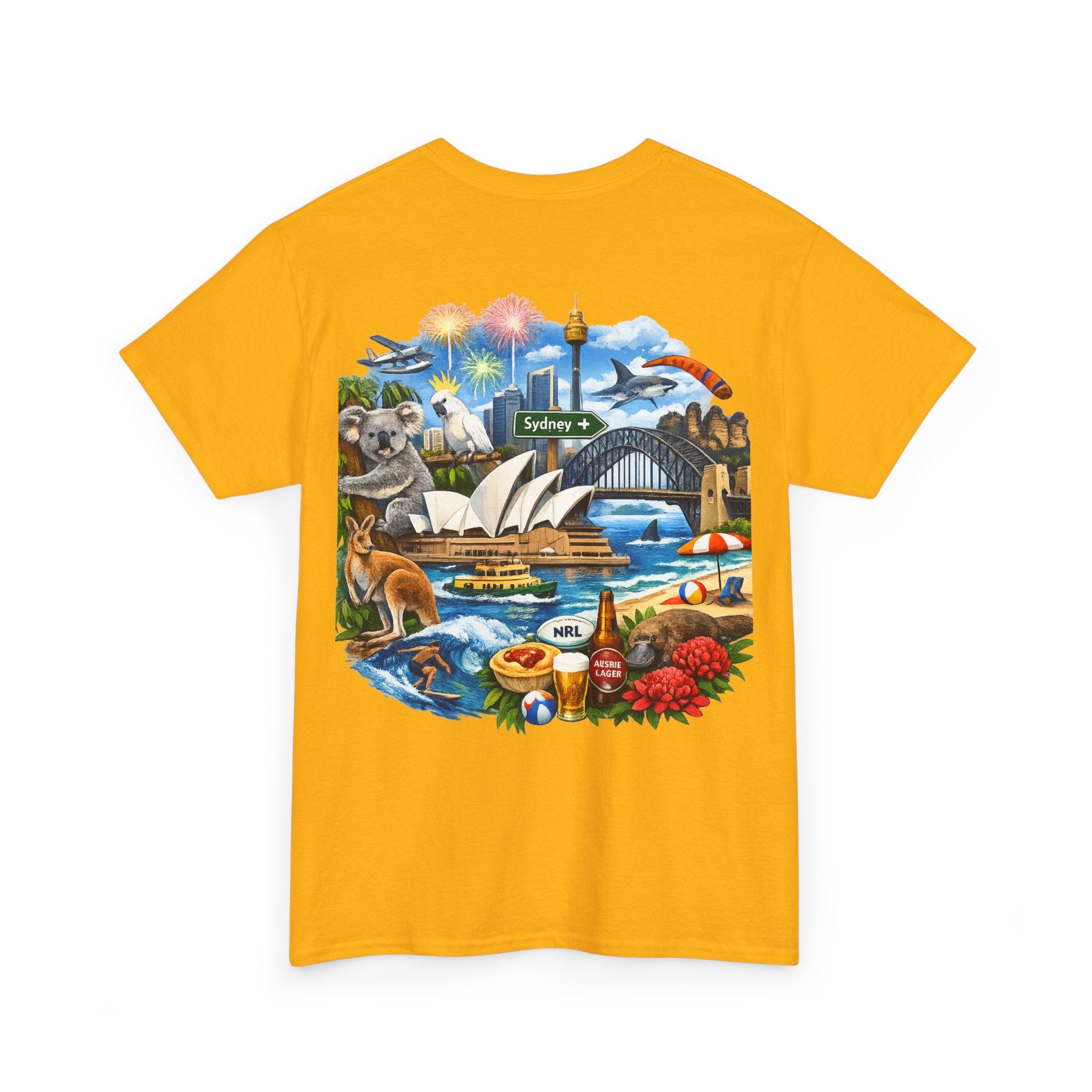 T-Shirt — Sydney Landmark Collage Tee (Opera House, Harbour Bridge, Koala & Beach Scene)