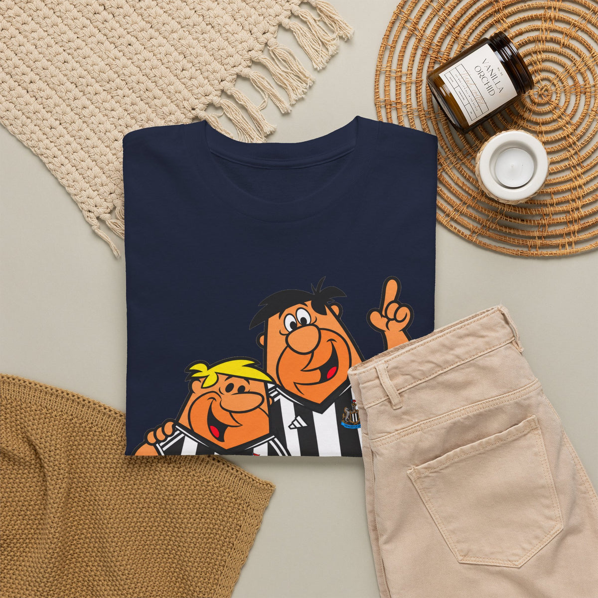 Newcastle United Flintstones Cartoon Cotton T-Shirt / Tee — Retro Striped Jersey Illustrations