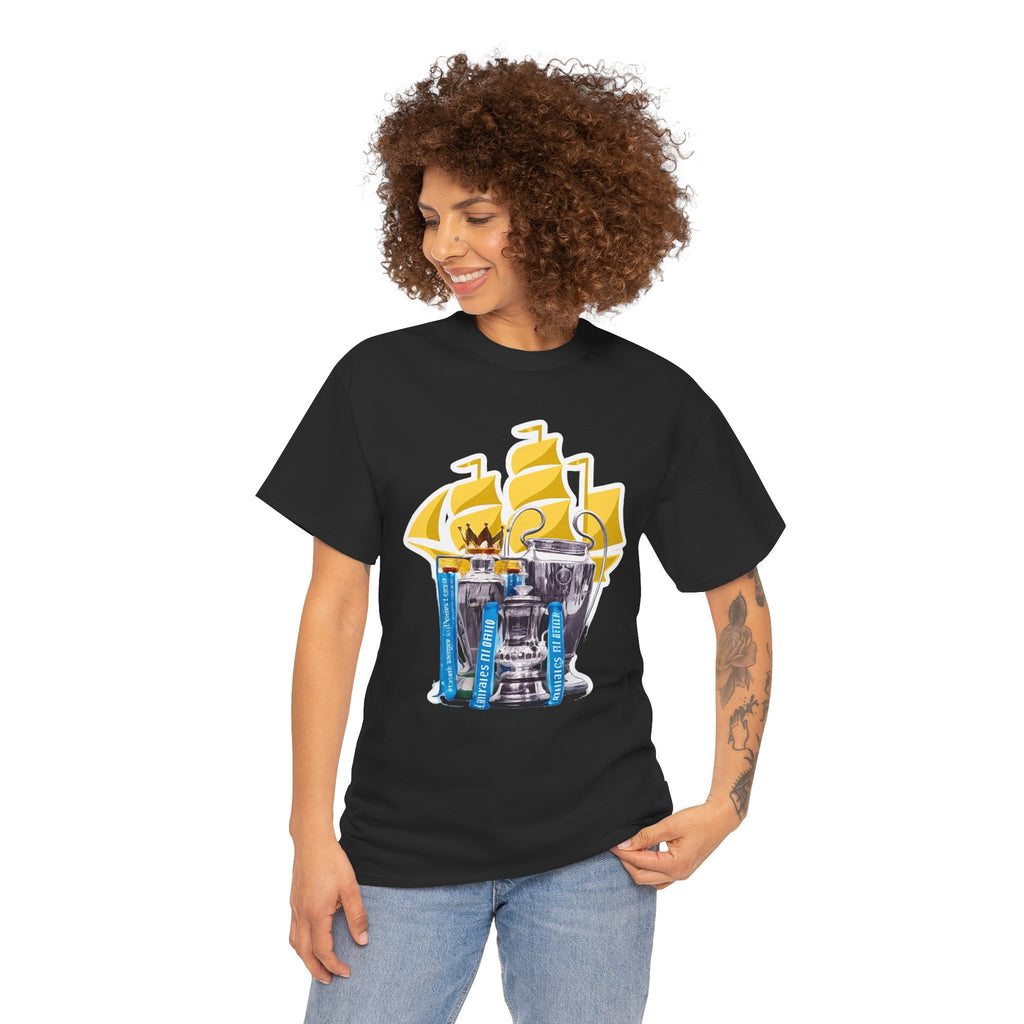 Manchester City Champions Trophy Tee – Golden Cups & Blue Scarves Football Fan Shirt