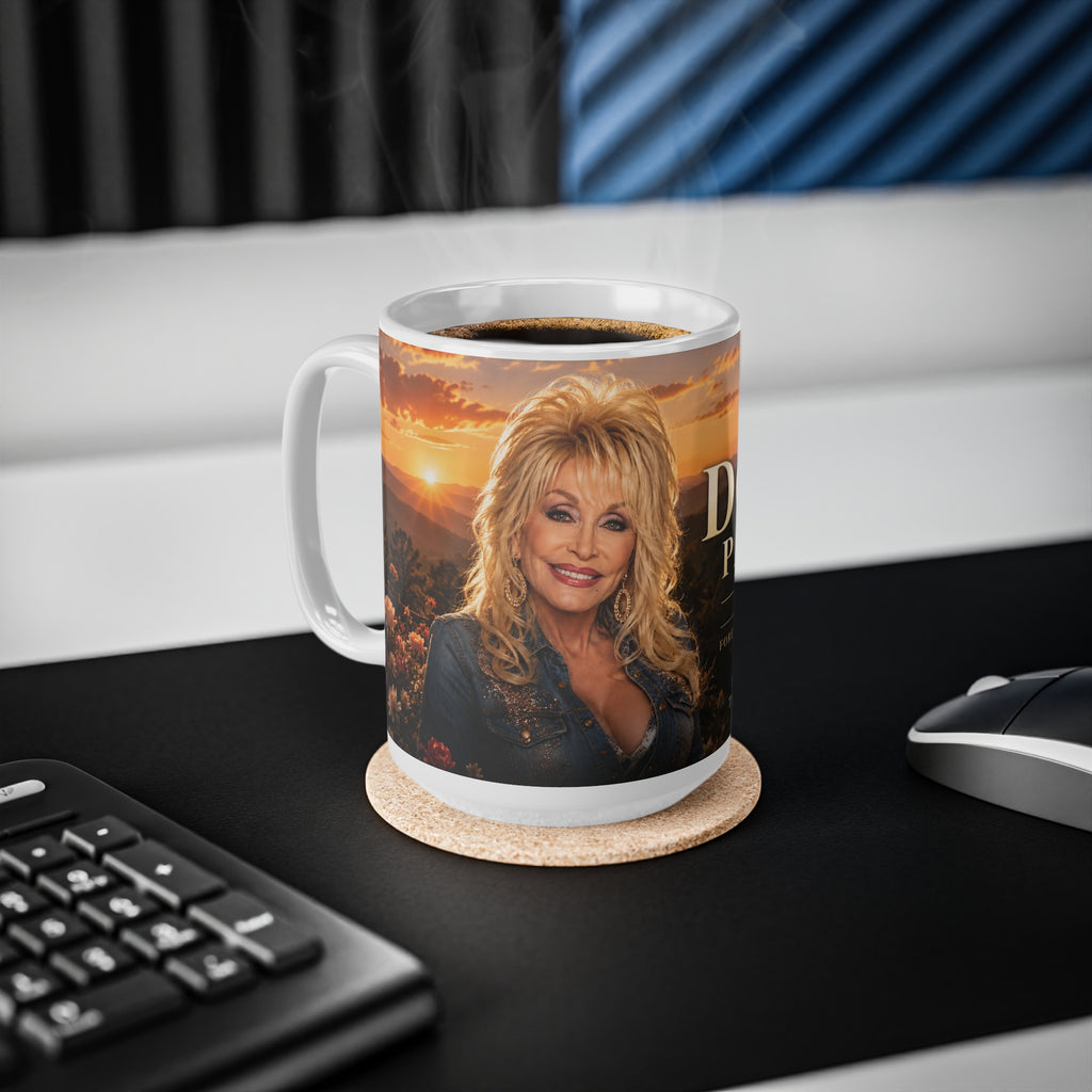 Dolly Parton Memorial Sunset Portrait Mug — Inspirational Tribute Ceramic Coffee Cup