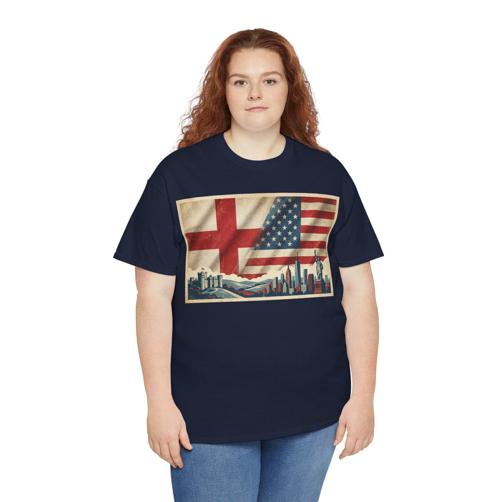 England + USA Flag Skyline T-Shirt — Vintage London & New York City Pride Tee