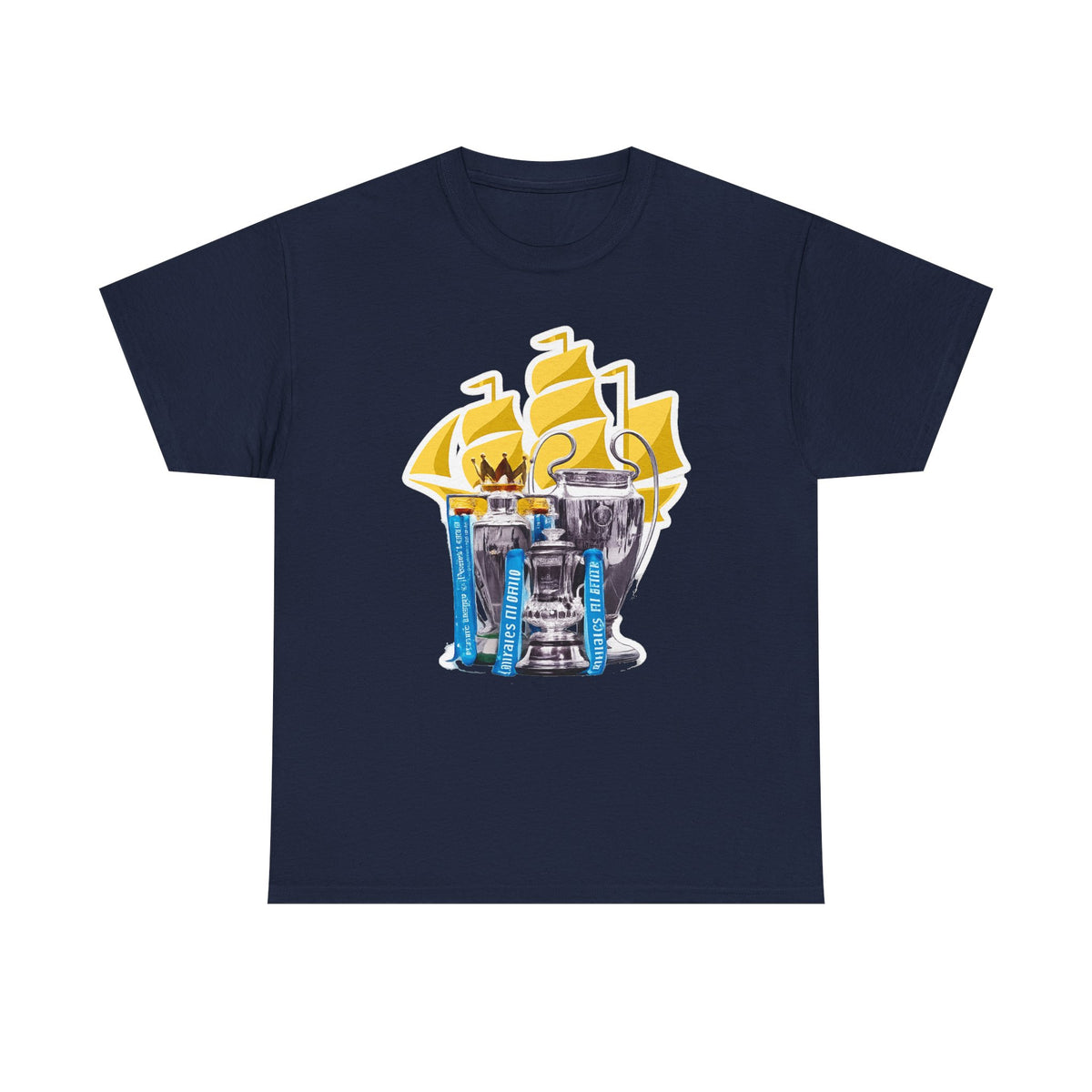 Manchester City Champions Trophy Tee – Golden Cups & Blue Scarves Football Fan Shirt