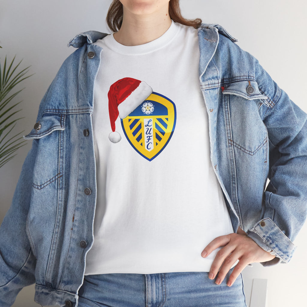 Leeds United Santa Hat Christmas Soccer Crest T‑Shirt – Festive Football Fan Tee